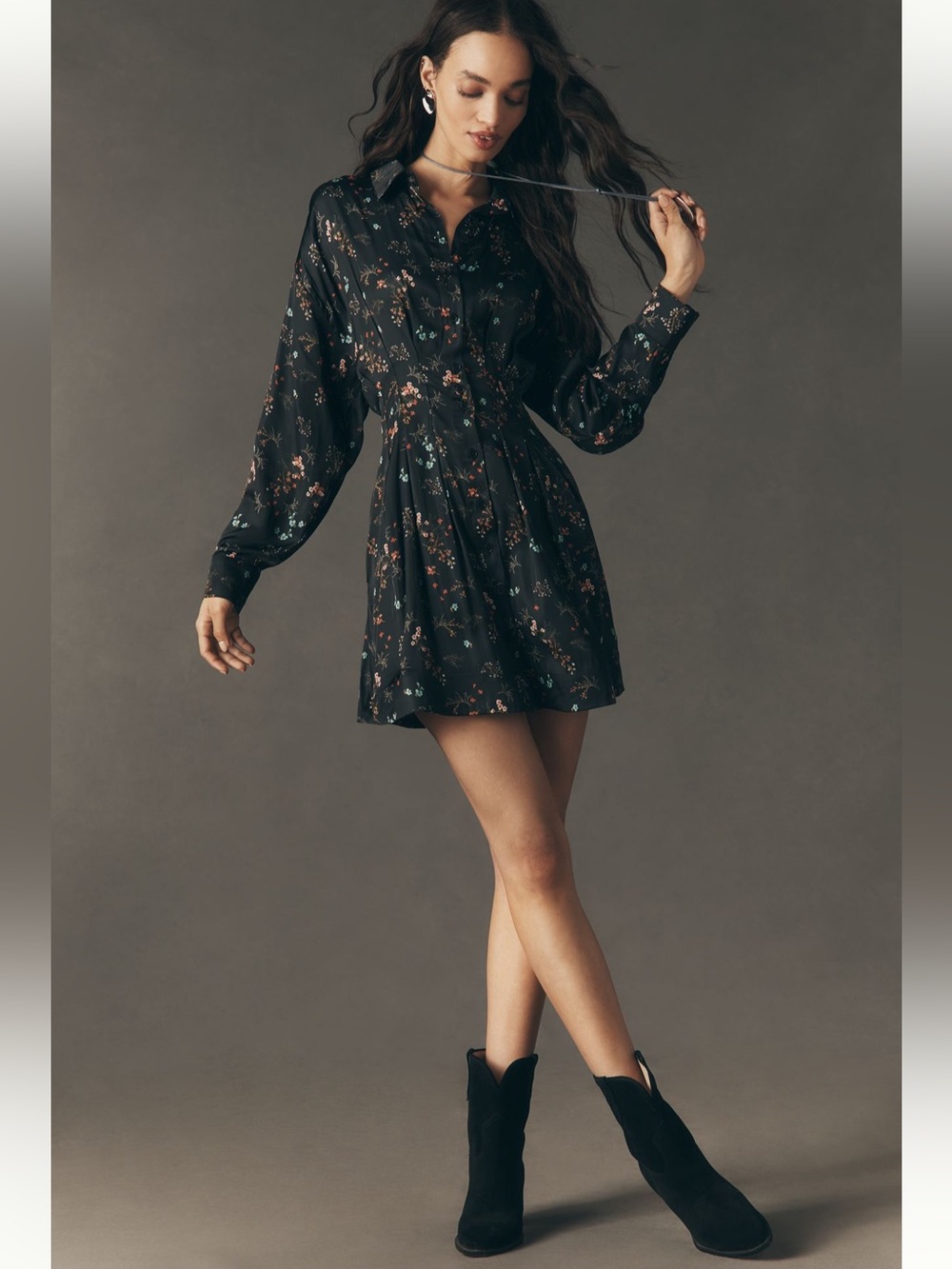 Anthropologie Romantic Tobie Black Satin Floral Mini Shirt Dress NWT M Femme - Picture 4 of 11